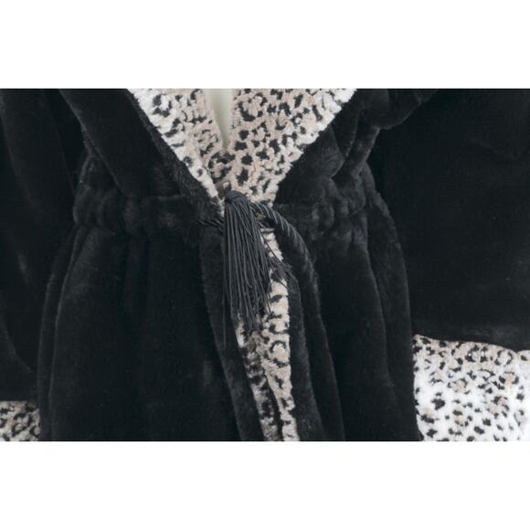 Vintage Black Faux Fur Shearling Coat Leopard Print Collar Cuffs Plush Size M - Picture 5 of 14